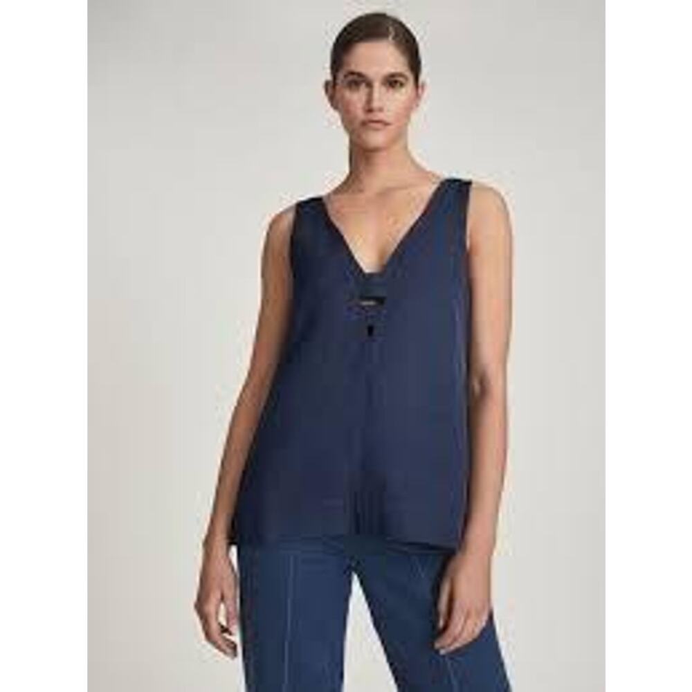 Reiss Emi Linen Blend V Neck Top, Ladder Cut Out Bars, Blue, Sz 2 - Picture 2 of 11